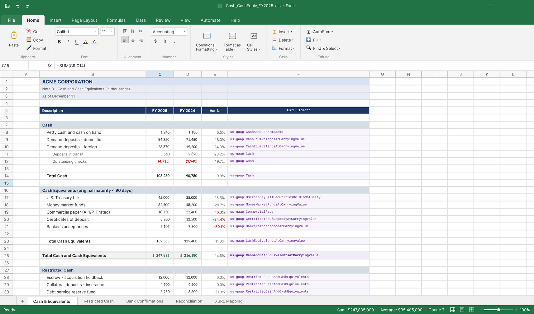 Excel spreadsheet showing XBRL tags matched to financial line items